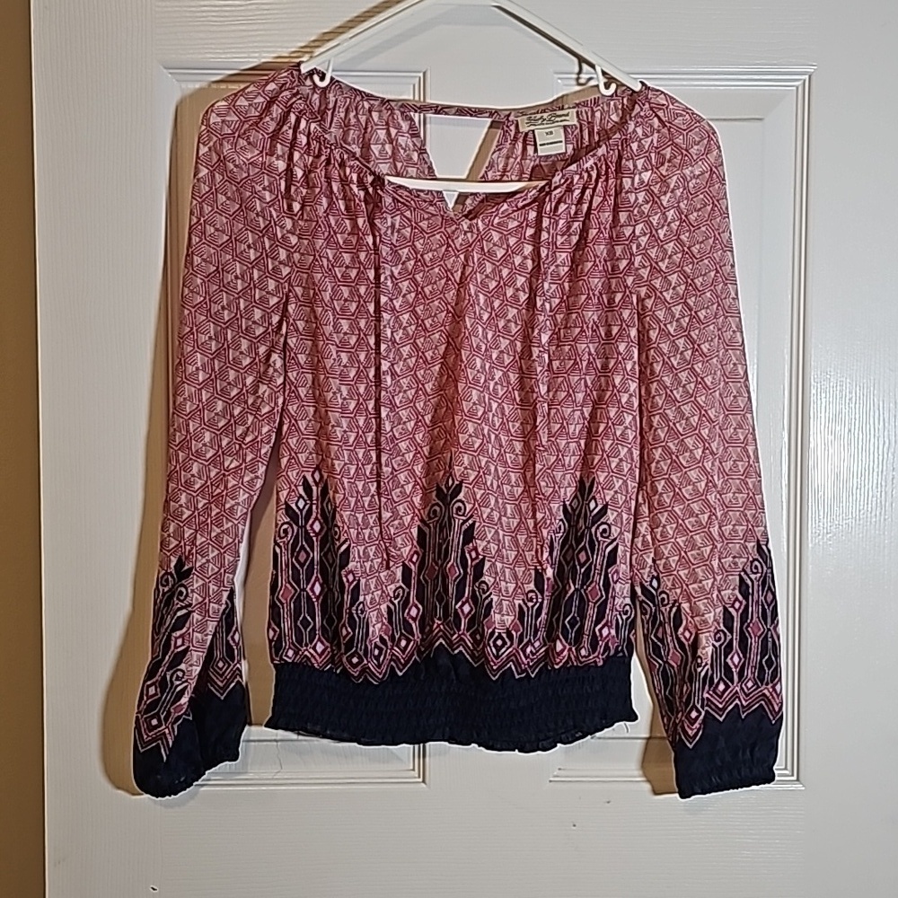 Lucky Brand Pink Purple Boho Print Semi Sheer Peasant Blouse Elastic Waist XS